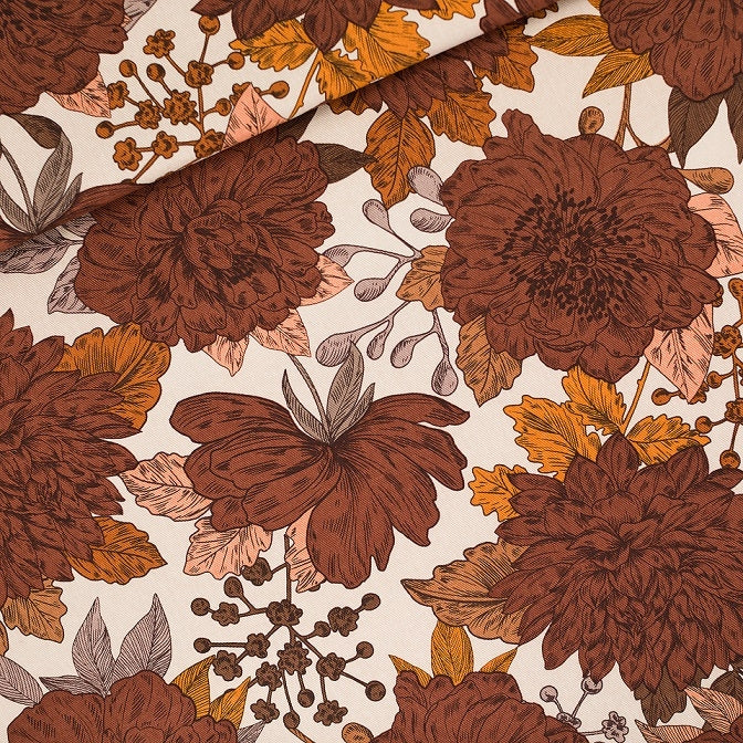 See you at Six - Peonies - Gabardine Twill - almond peach grey