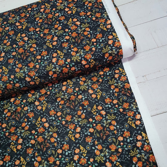 Baumwollstoff Streublumen - schwarz