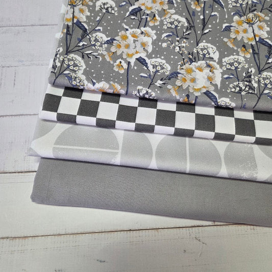 Stoffreste Paket - Canvas Checkers und Flowers grau