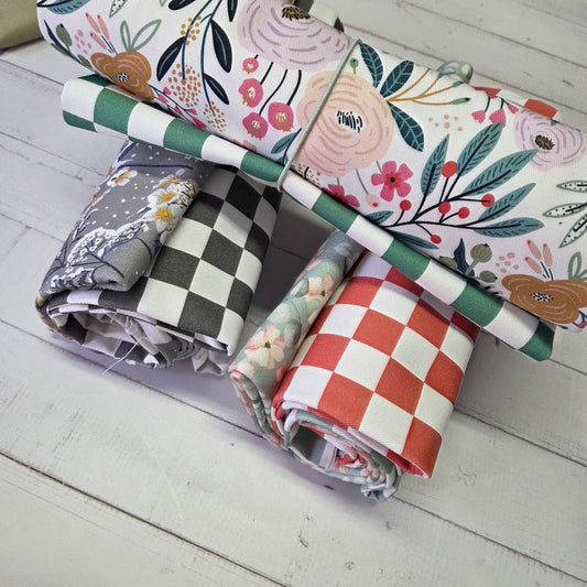 Stoffreste Paket - Canvas Checkers und Flowerfield - white