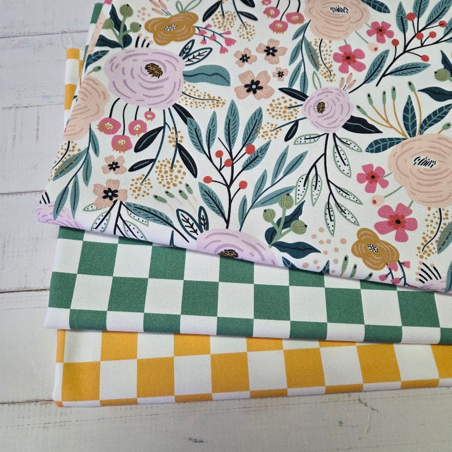 Stoffreste Paket - Canvas Checkers und Flowerfield - white