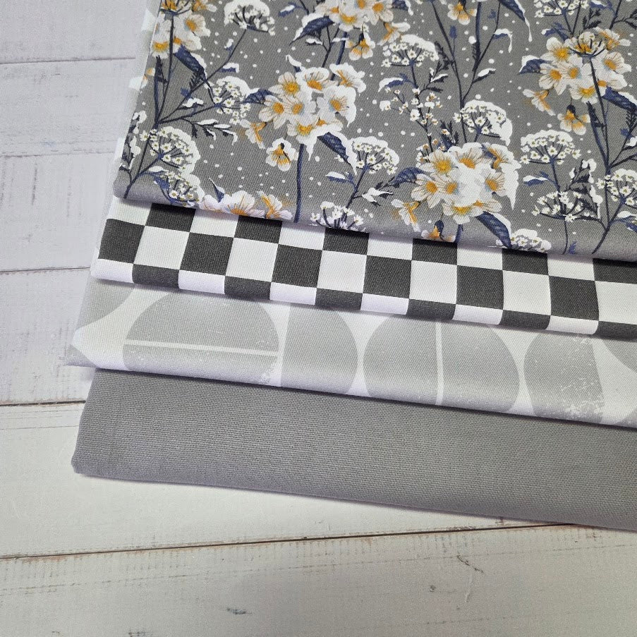 Stoffreste Paket - Canvas Checkers und Flowers grau